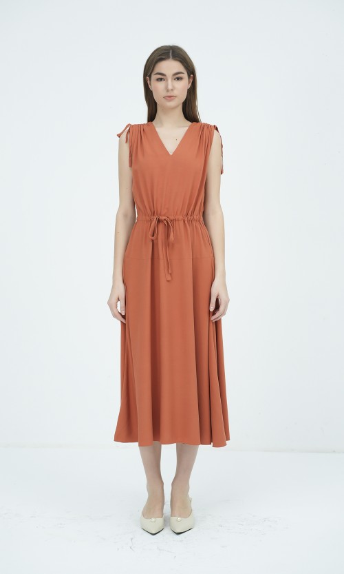 Sixdo G-Ochre V-Neck Woven Flared Dress